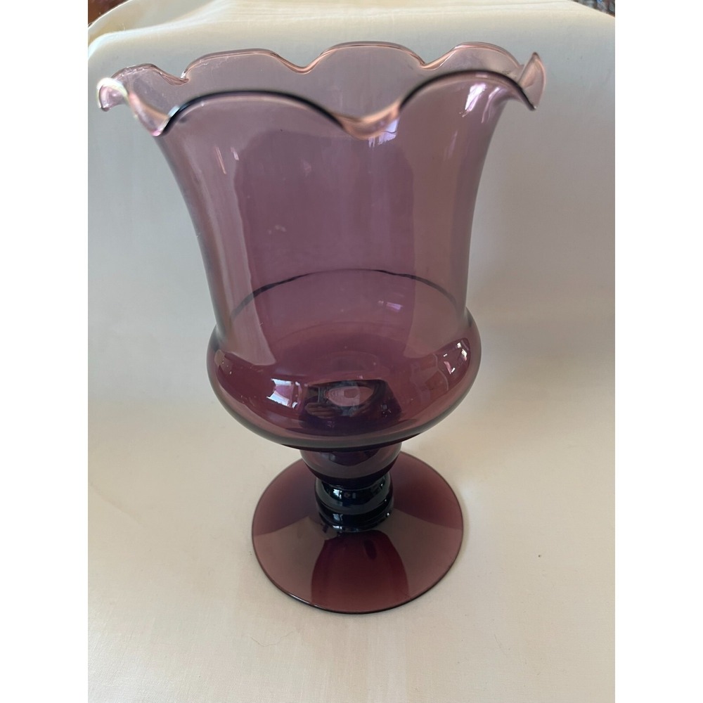 VINTAGE MORGANTOWN AMETHYST PURPLE PEDESTAL GLASS VASE CANDLE RUFFLED RIM 8"
